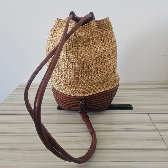 Saks Fifth Avenue Straw Leather Drawstring Bucket Bag - Picture 4 of 10